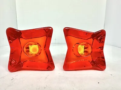 2pcs Vintage MCM Viking Art Glass Persimmon Astra Candle Holder Candlesticks • $89.99