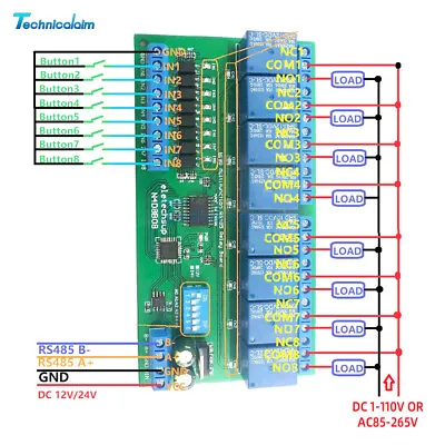 DC 12V 24V 8CH DIN35 C45 UART RS485 Relay Module Modbus RTU Control Switch Board • $20.89