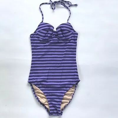 J. Crew Striped One Piece Swim Suit Purple Long 0 Halter Underwire • $8.99