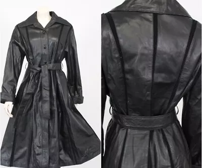 VTG 1970s Black Leather Trench Coat Knit Panels Insets M Spy Coat • $175