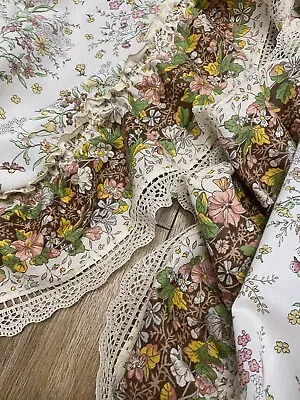 Vtg PAIR Regency Ruffled Priscilla COTTAGE Curtains Floral Pink Brown 40 X 76 WT • $25