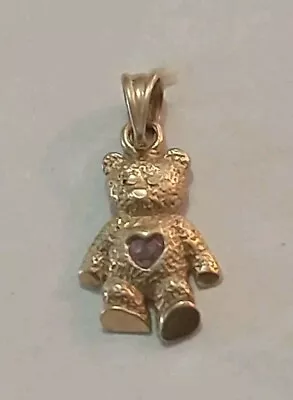 14K Gold Amethyst Purple Heart Teddy Bear Pendant • $140