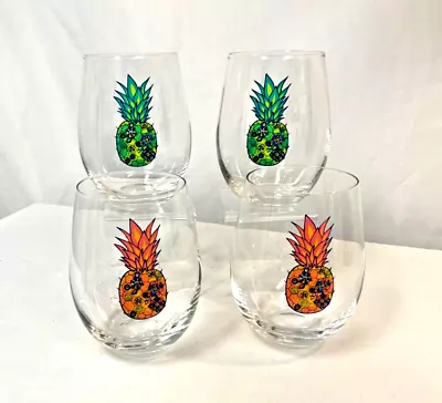 Stemless Crystal Wine Glasses Painted  PINEAPPLE  Tropical Glasses Excellent • $26.95