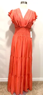 Shoshanna Neal Shimmer V-neck Smock Waist Ruffle Maxi Orange Dress Size 6 $495 • $139.99