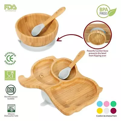 Vinsani Bamboo Elephant Plate Bowl & Spoon Set Suction Bowl Stay-Put Design • £15.99