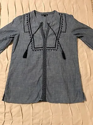 J. Crew Womens Size XS Blue Boho Chambray 100% Cotton Tunic Embroidered • $17.99