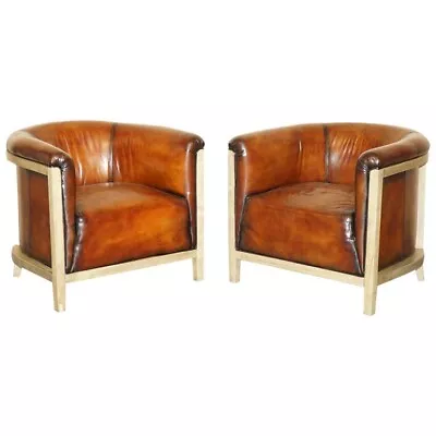 Pair Of Fully Restored Stitched Brown Leather Limed Oak Tub / Club Armchairs • $5684.63