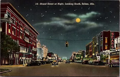 Linen Postcard Broad Street At Night Looking South In Selma Alabama • £7.78