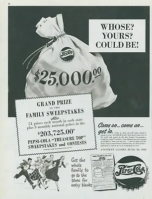 1948 Pepsi Cola Bank Bag $25000 Contest Bottle Cap Family Vintage Print Ad C9 • $11.99