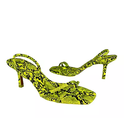 ZARA Lime Green Neon Yellow Snake Print Slides Kitten Heels Sandals EUR 39 NEW • $65