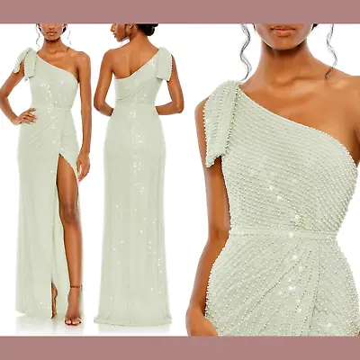 NWT $598 Mac Duggal [ 0 ] Pearl Embellished Soft Tie One Shoulder Gown Mint Q532 • £252.67