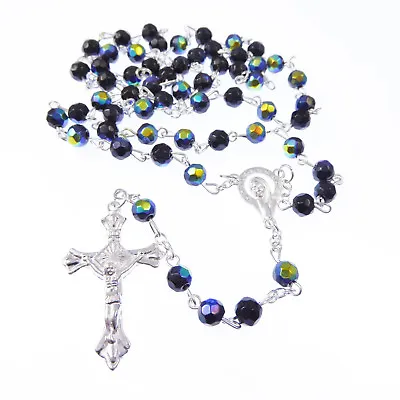Iridescent Long Black Glass Rosary Beads Silver Metal Crucifix Faceted Beads  • £4.50
