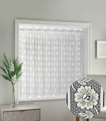 Milan Vertical White Floral Lace Net Cotton Look  Folding Window Blind Panel • £7.79