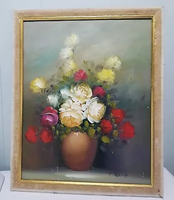 Vintage Floral Oil Painting  Roses On Canvas Signed Shabby  • $40