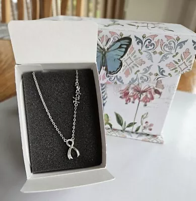 Lia Sophia Silver   Awareness   Cut Crystal Ribbon Hope Necklace 16-19  NIB • $7.75