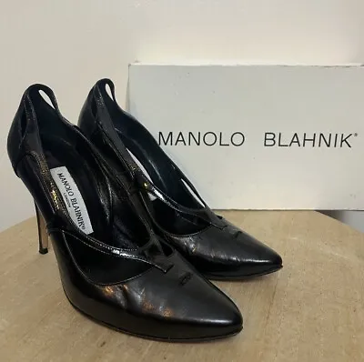 🖤 MANOLO BLAHNIK Black Sinigalia Kid Nero Leather Heels EU Size 36 • £49.99