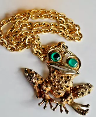 Vintage Large Statement Frog Green Gripoix Lucite Eyes Pendant Necklace 1970's • $45