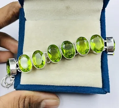 925 Sterling Silver Green Peridot Gemstone Handmade Jewelry Chain Bracelet • $14