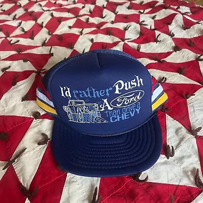 Vintage ‘I’d Rather Push A Ford’ Three Stripe Trucker Hat As Is Blue Snapback • $61.87