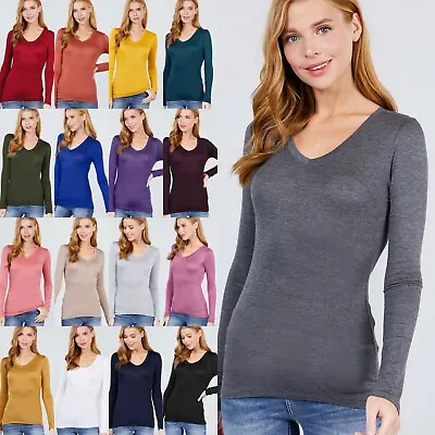 V-NECK Long Sleeve Rayon Spandex Top Soft Stretchy Basic Layering T-Shirt • $11.45