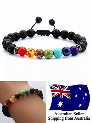 Chakra Healing Lava Stone Bracelet 7 Bead Oil Diffuser Adjustable Woven Rope 1pc • $7.95