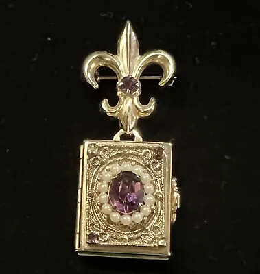 Vintage CORO Fleur De Lis 4 Photo Flip LOCKET Rhinestone & Faux Pearl Brooch • $38