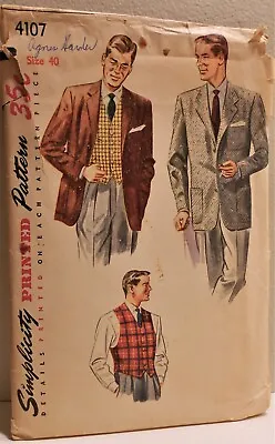 Vintage Simplicity Sewing Pattern #4107 Men's Suit Jackets & Vest Size 40 • $24.95