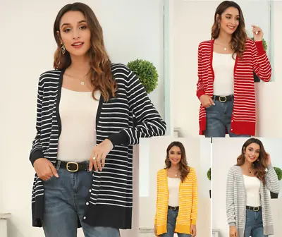£9.45 • Buy Women's Button Up Striped Knit Cardigan Long Sleeves V-neck Plus Size