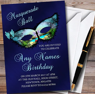 Butterfly Blue Masquerade Ball Personalised Party Invitations • £89.95