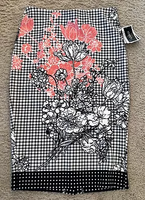 NWT ECI New York Pink Black Floral Gray Gingham Print Midi Pencil Skirt M • $29.99