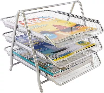 £16.99 • Buy Osco Silver Wire Mesh Desktop 3 Tier Letter Tray Sliding Drawers With Handles
