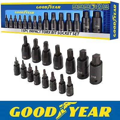 Goodyear 15pc Impact Torx Bit Socket Set 1/4 3/8 1/2 T6-T70 TRX-Star • £14.99