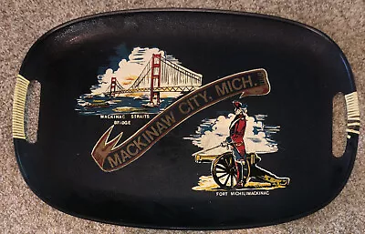 Mackinaw City Michigan Fiberboard MCM Serving Tray Wrapped Handles Mackinac Vtg • $29.99