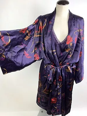 Vintage Peignoir Set Satin Purple Floral Kimono Robe Nightgown 2XL Short • $29