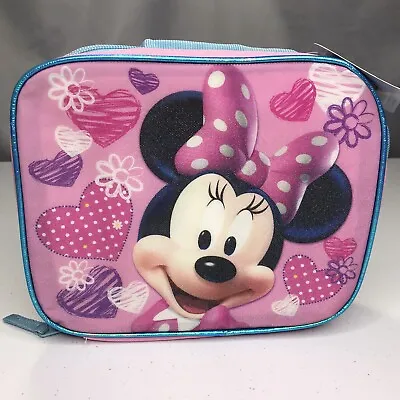 New Disney Minnie Mouse Soft Zipper Lunch Box Bag Pink Hearts Kids School • £15.19