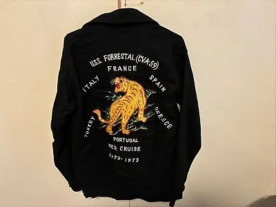 Vtg 1970’s Vietnam War Era Velvet  Souvenir Jacket Lg Uss Forrestal  Cva 59 • $199