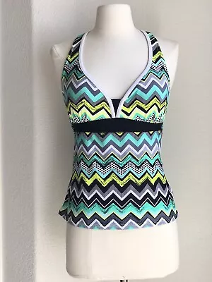 Zero Xposur Swimwear Tankini Built In Bra Neon Chevron Racerback V-Neck Size 10 • $10