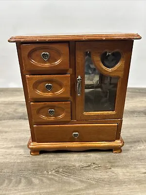 Wood 10  X 8  Jewelry Box Armoire Rose Etched Glass Door Necklace Turn 4 Drawers • $14.25