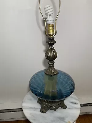 Mid Century Modern Blue Optic Glass Saucer Shape Brass Base L & L WMC Lamp 3 Way • $199