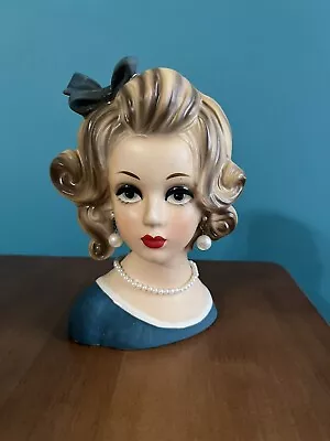 Vintage Caffco E3286 Lady Head Vase 7  Blue Dress & Bow In Hair Pearl Earrings • $35