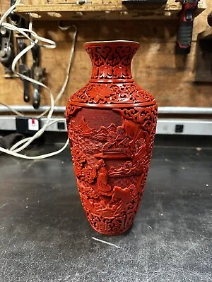 Antique Chinese Qing - Republic Cinnabar Fine Hand Carved Lacquer Vase Enamel • $270