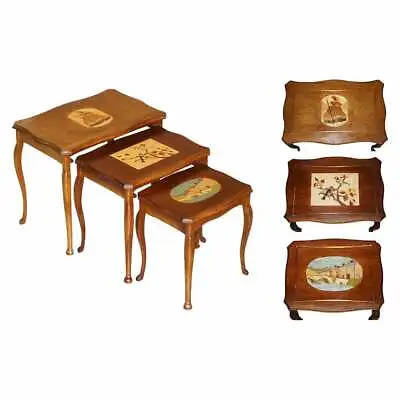 Vintage Nest Of Tables With Hand Painted Marquetry Inlaid Tops Very Decorative • $1057.87