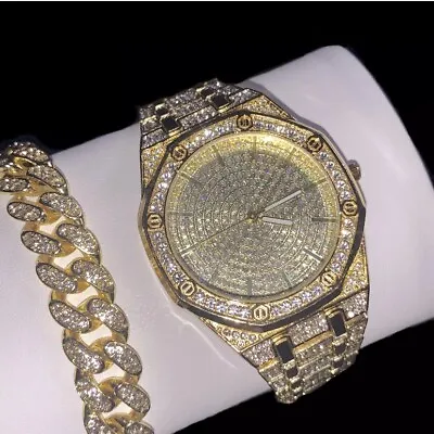 Mens Luxury Bling Gold Plated Out Diamond Designer Iced Watch & Bracelet Set New • £24.99