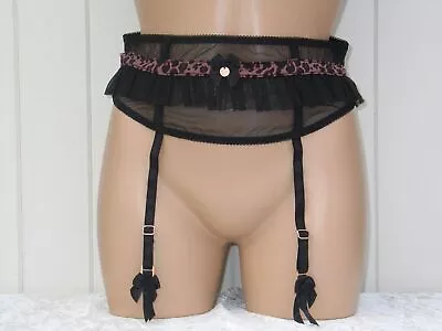 Suspender Belt Sizes 8 10 12 14 16 18 Black Mesh Leopard Trim Frill Waspie Bnwt • £14.99