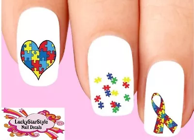 Waterslide Nail Decals Set Of 20 - Autism Jigsaw Awareness Heart Ribbon Assorted • $2