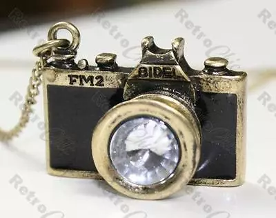 BLACK FM2 VINTAGE CAMERA Pendant Necklace LONG CHAIN Antique Brass Rhinestone 3D • £2.99