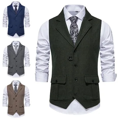 Mens Suit Vest Lapel Neck Waistcoat Men Wool Blend Work Sleeveless Vests Tweed • $29.07