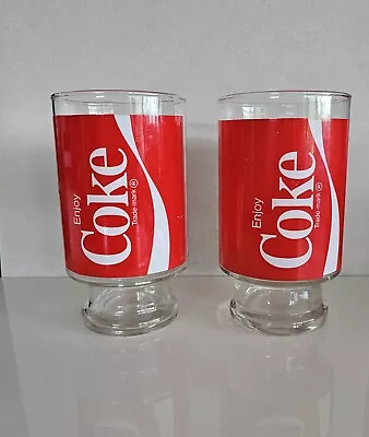 2 Vintage Enjoy Coca Cola Coke Pedestal Glasses Pair Large 17cm Glass 70s 80's • $44