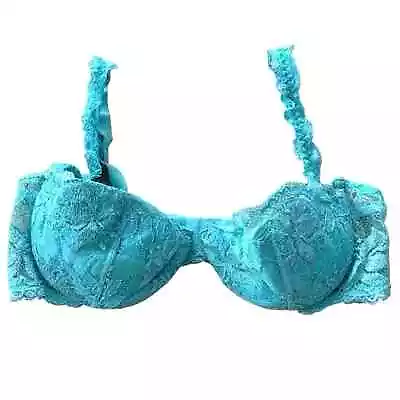 La Perla Floral Lace Lined Balconette Plunge Underwire Bra Turquoise 36C Italy • $54.95