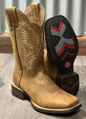Men's Rodeo Cowboy Boots Genuine Leather Crazy Tan Rubber Sole Botas Vaqueras • $99.99